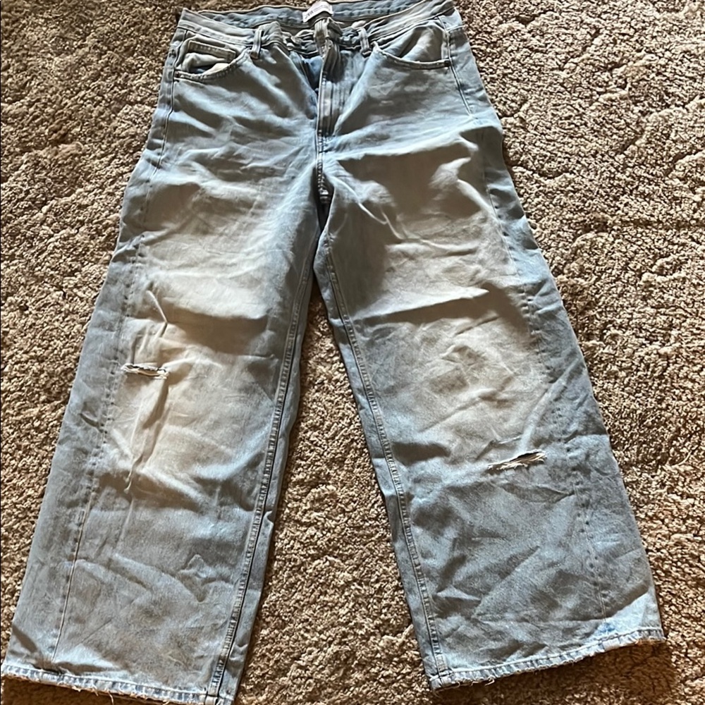 Zara Blue Flare Wide Leg Jeans with Distressed Details